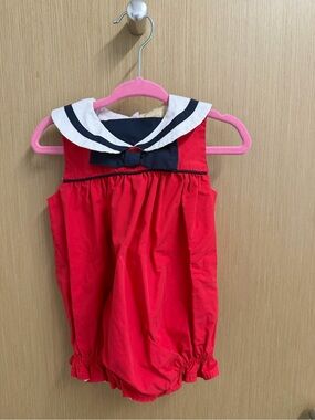 The Beaufort Bonnet Company Red Baby Sailor Dress with Navy Trim